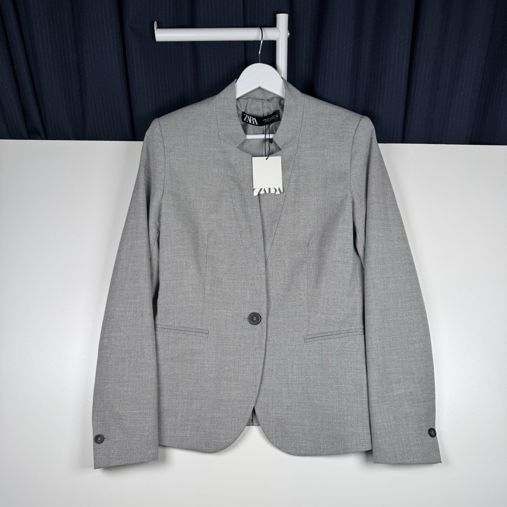 NEW - ZARA Gray Single-Button Blazer Collarless Jacket - Women's US 4